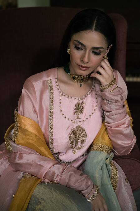 Shop Shorshe Clothing Pink Chanderi, Tissue Embroidery, Zari, Gota Patti Nur Kedia Kurta With Gharara Online at Aza Fashions Shop_Shorshe Clothing_Pink Chanderi, Tissue Embroidery, Zari, Gota Patti Nur Kedia Kurta With Gharara _Online_at_Aza_Fashions