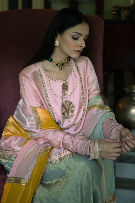 Shorshe Clothing Pink Chanderi, Tissue Embroidery, Zari, Gota Patti Nur Kedia Kurta With Gharara at Aza Fashions Shorshe Clothing_Pink Chanderi, Tissue Embroidery, Zari, Gota Patti Nur Kedia Kurta With Gharara _at_Aza_Fashions
