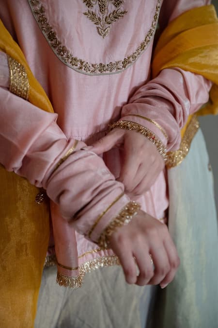 Buy Shorshe Clothing Pink Chanderi, Tissue Embroidery, Zari, Gota Patti Nur Kedia Kurta With Gharara Buy_Shorshe Clothing_Pink Chanderi, Tissue Embroidery, Zari, Gota Patti Nur Kedia Kurta With Gharara