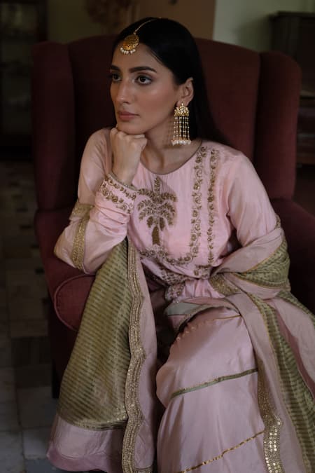 Shorshe Clothing_Blush Silk Zari, Gota Patti Round Neck Maala Embroidered Kurta With Gharara _Online_at_Aza_Fashions
