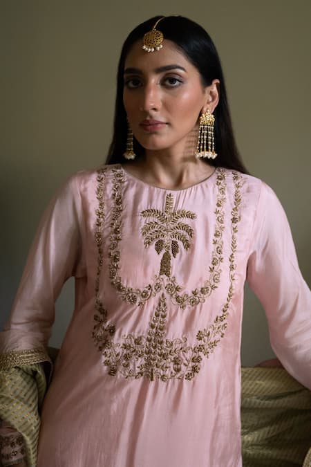 Buy_Shorshe Clothing_Blush Silk Zari, Gota Patti Round Neck Maala Embroidered Kurta With Gharara _Online_at_Aza_Fashions