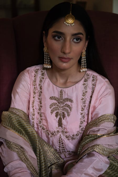 Shorshe Clothing_Blush Silk Zari, Gota Patti Round Neck Maala Embroidered Kurta With Gharara _at_Aza_Fashions