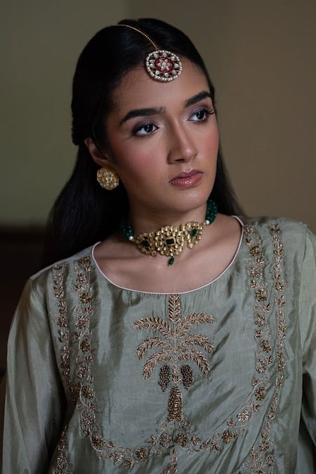 Shorshe Clothing_Green Silk Embroidery, Zari, Gota Patti Round Neck Maala Kurta With Gharara _Online_at_Aza_Fashions