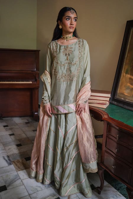 Buy_Shorshe Clothing_Green Silk Embroidery, Zari, Gota Patti Round Neck Maala Kurta With Gharara _Online_at_Aza_Fashions