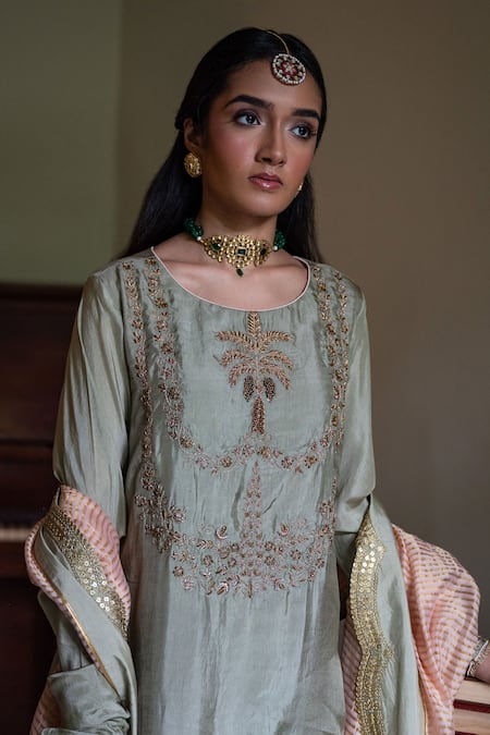 Shop_Shorshe Clothing_Green Silk Embroidery, Zari, Gota Patti Round Neck Maala Kurta With Gharara _Online_at_Aza_Fashions