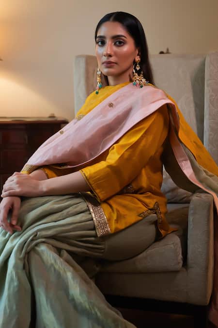 Shorshe Clothing_Yellow Silk, Tissue Embroidery, Gota Patti, Zari Round Anisha Kurta With Sharara _Online_at_Aza_Fashions