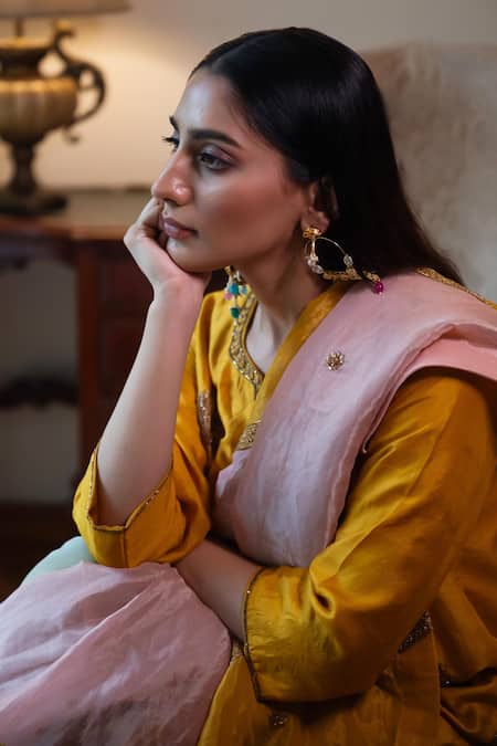 Buy_Shorshe Clothing_Yellow Silk, Tissue Embroidery, Gota Patti, Zari Round Anisha Kurta With Sharara _Online_at_Aza_Fashions