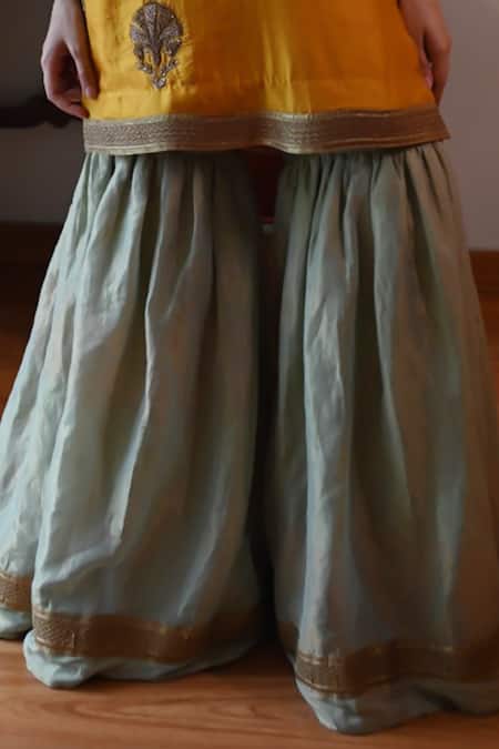 Shop_Shorshe Clothing_Yellow Silk, Tissue Embroidery, Gota Patti, Zari Round Anisha Kurta With Sharara _Online_at_Aza_Fashions