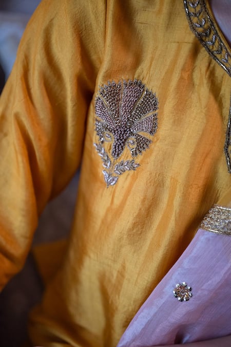 Shorshe Clothing_Yellow Silk, Tissue Embroidery, Gota Patti, Zari Round Anisha Kurta With Sharara _at_Aza_Fashions