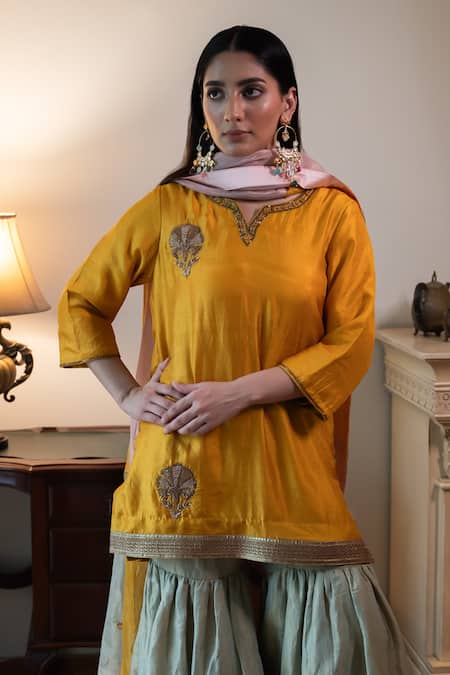 Buy_Shorshe Clothing_Yellow Silk, Tissue Embroidery, Gota Patti, Zari Round Anisha Kurta With Sharara 