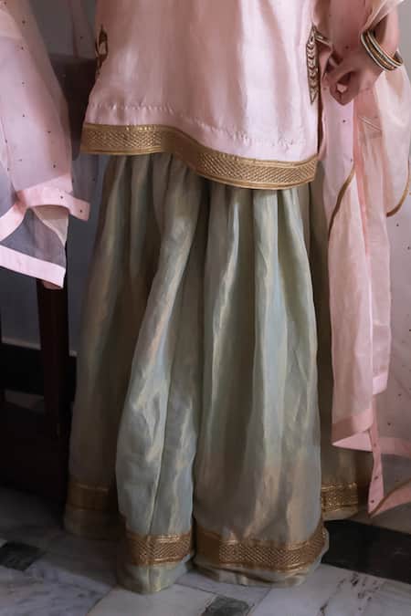 Buy_Shorshe Clothing_Pink Silk, Tissue Zari, Gota Patti V-neck Anisha Kurta With Sharara _Online_at_Aza_Fashions