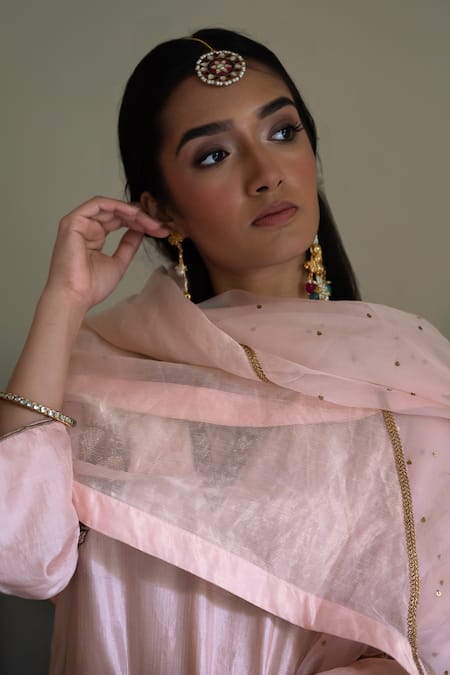 Shop_Shorshe Clothing_Pink Silk, Tissue Zari, Gota Patti V-neck Anisha Kurta With Sharara _Online_at_Aza_Fashions