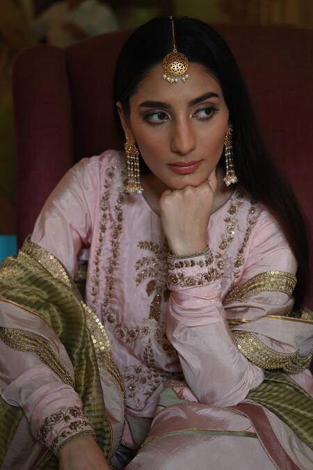 Shorshe Clothing_Pink Chanderi Gota Patti Color Block Dupatta _Online_at_Aza_Fashions