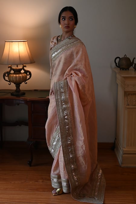 Shorshe Clothing_Pink Tissue Gota Patti, Lace Embellished Saree _Online_at_Aza_Fashions
