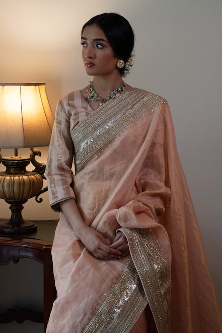 Buy_Shorshe Clothing_Pink Tissue Gota Patti, Lace Embellished Saree _Online_at_Aza_Fashions