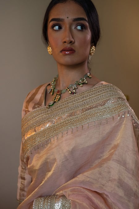 Shorshe Clothing_Pink Tissue Gota Patti, Lace Embellished Saree _at_Aza_Fashions