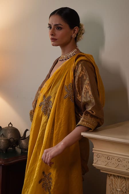 Shorshe Clothing_Yellow Chanderi Zari, Embroidery, Gota Patti Sati Butti Saree _Online_at_Aza_Fashions