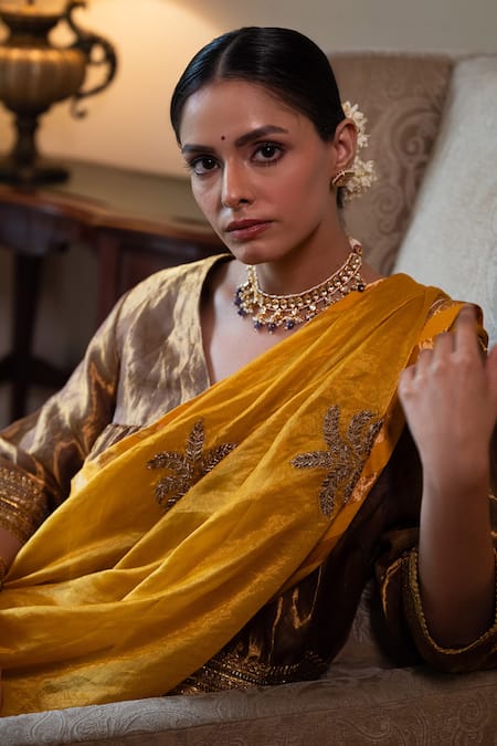 Buy_Shorshe Clothing_Yellow Chanderi Zari, Embroidery, Gota Patti Sati Butti Saree _Online_at_Aza_Fashions