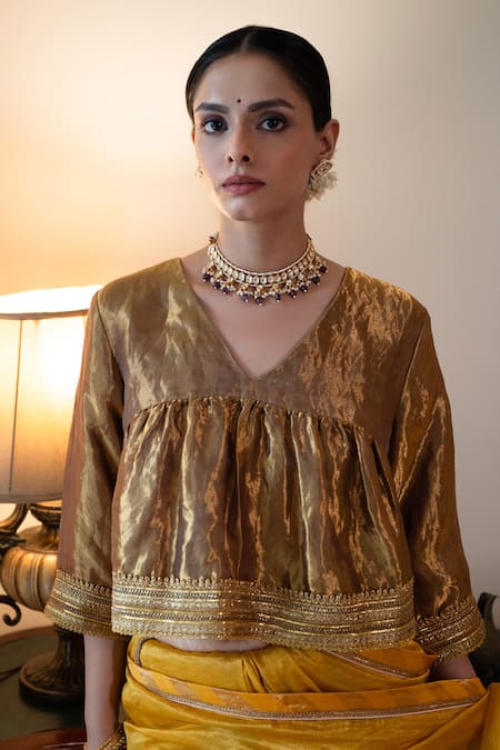 Shop_Shorshe Clothing_Yellow Chanderi Zari, Embroidery, Gota Patti Sati Butti Saree _Online_at_Aza_Fashions