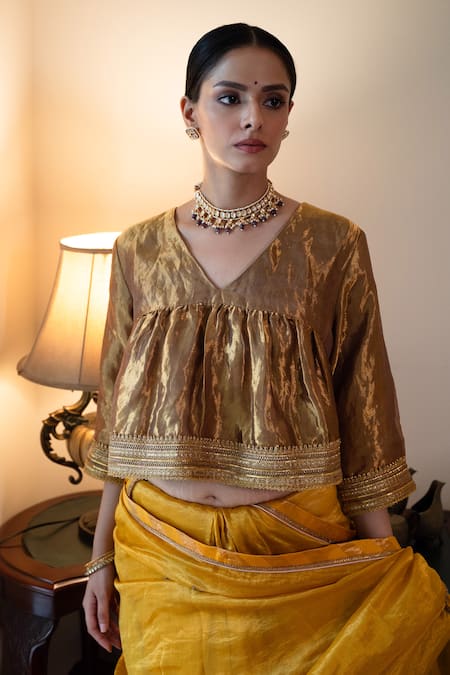 Shorshe Clothing_Yellow Chanderi Zari, Embroidery, Gota Patti Sati Butti Saree _at_Aza_Fashions