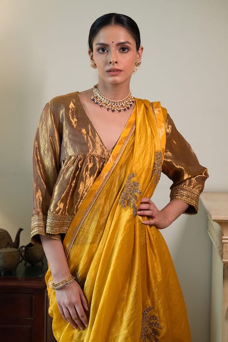 Buy_Shorshe Clothing_Yellow Chanderi Zari, Embroidery, Gota Patti Sati Butti Saree 