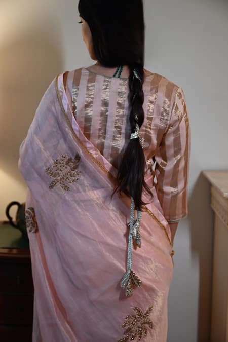 Shorshe Clothing_Pink Chanderi Zari Stripe Saree _Online_at_Aza_Fashions
