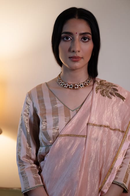 Buy_Shorshe Clothing_Pink Chanderi Zari Stripe Saree _Online_at_Aza_Fashions