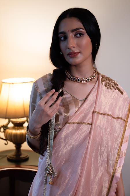 Shop_Shorshe Clothing_Pink Chanderi Zari Stripe Saree _Online_at_Aza_Fashions