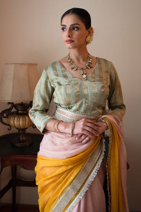 Buy_Shorshe Clothing_Pink Gota Patti Shalimar Bagh Saree _Online_at_Aza_Fashions