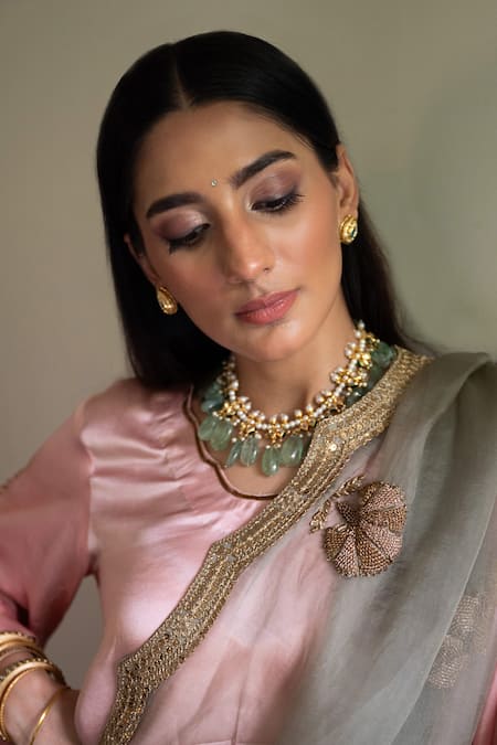 Shorshe Clothing_Green Organza Embroidery Nurjahan Saree _Online_at_Aza_Fashions