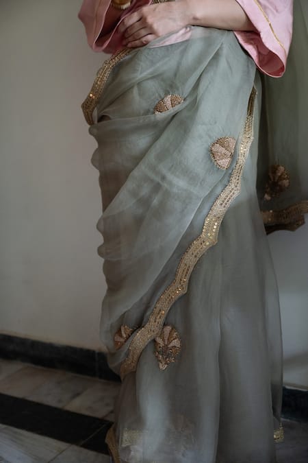 Buy_Shorshe Clothing_Green Organza Embroidery Nurjahan Saree _Online_at_Aza_Fashions