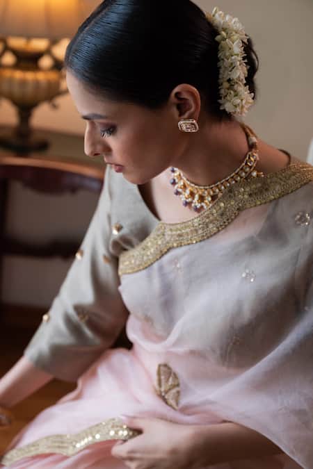 Shorshe Clothing_Pink Organza Zari Nurjahan Embroidered Saree _Online_at_Aza_Fashions