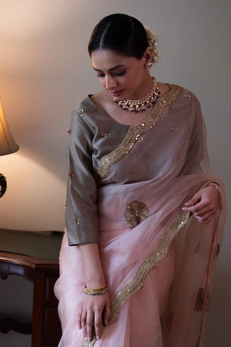Buy_Shorshe Clothing_Pink Organza Zari Nurjahan Embroidered Saree _Online_at_Aza_Fashions