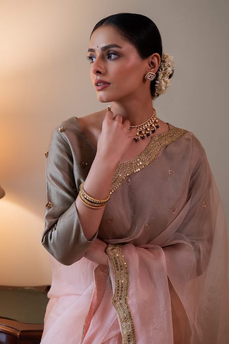 Shop_Shorshe Clothing_Pink Organza Zari Nurjahan Embroidered Saree _Online_at_Aza_Fashions