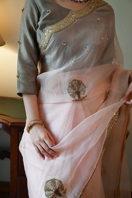 Shorshe Clothing_Pink Organza Zari Nurjahan Embroidered Saree _at_Aza_Fashions