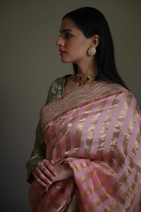 Shorshe Clothing_Pink Chanderi Gota Patti Nursat Stripe Pattern Saree _Online_at_Aza_Fashions