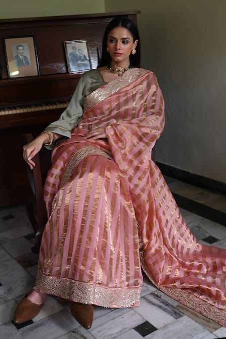 Shop_Shorshe Clothing_Pink Chanderi Gota Patti Nursat Stripe Pattern Saree _Online_at_Aza_Fashions