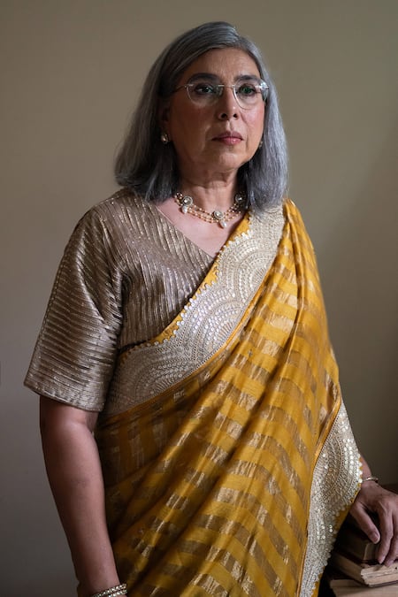 Shorshe Clothing_Yellow Chanderi Gota Patti Nursat Stripe Pattern Saree _Online_at_Aza_Fashions