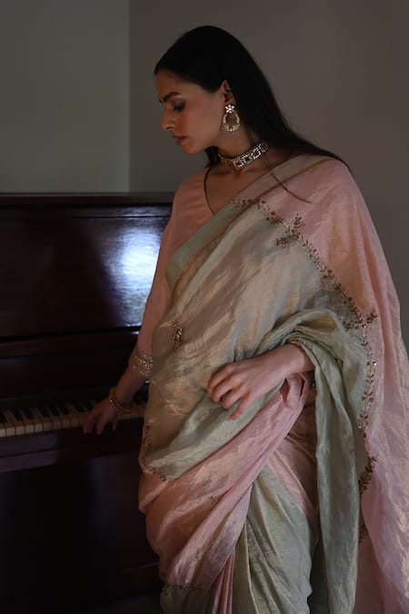 Shorshe Clothing_Pink Zari Hand Embroidered Saree _Online_at_Aza_Fashions