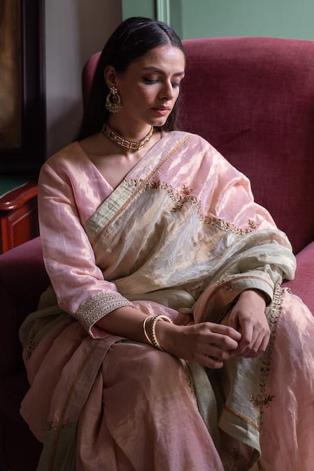 Buy_Shorshe Clothing_Pink Zari Hand Embroidered Saree _Online_at_Aza_Fashions