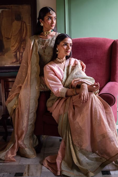 Shop_Shorshe Clothing_Pink Zari Hand Embroidered Saree _Online_at_Aza_Fashions