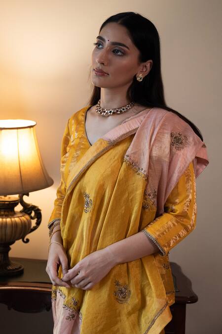 Shorshe Clothing_Yellow Tissue Zari, Gota Patti Hand Embroidered Saree _Online_at_Aza_Fashions