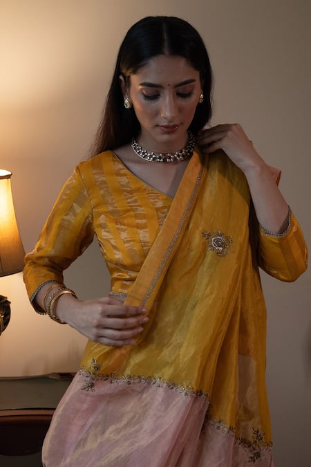 Buy_Shorshe Clothing_Yellow Tissue Zari, Gota Patti Hand Embroidered Saree _Online_at_Aza_Fashions