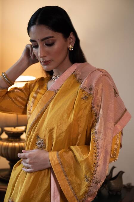 Shop_Shorshe Clothing_Yellow Tissue Zari, Gota Patti Hand Embroidered Saree _Online_at_Aza_Fashions