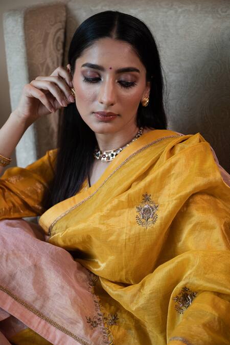 Shorshe Clothing_Yellow Tissue Zari, Gota Patti Hand Embroidered Saree _at_Aza_Fashions