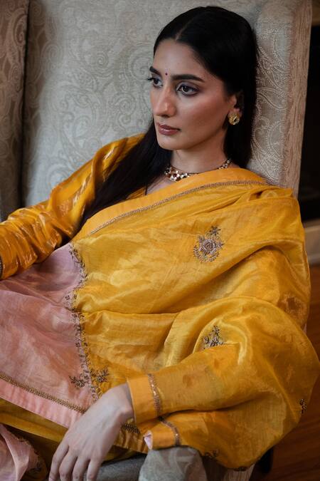 Buy_Shorshe Clothing_Yellow Tissue Zari, Gota Patti Hand Embroidered Saree 