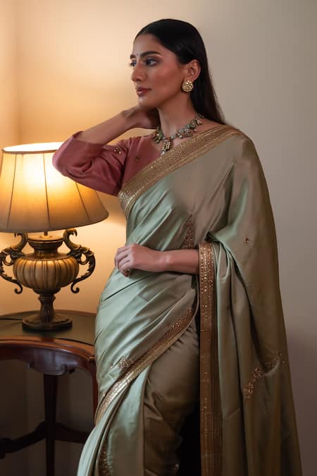 Shop Shorshe Clothing Green Modal, Silk Zari Ashok Embroidered Saree Online at Aza Fashions Shop_Shorshe Clothing_Green Modal, Silk Zari Ashok Embroidered Saree _Online_at_Aza_Fashions