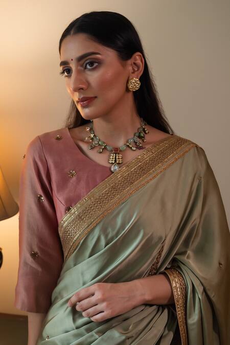 Shorshe Clothing Green Modal, Silk Zari Ashok Embroidered Saree at Aza Fashions Shorshe Clothing_Green Modal, Silk Zari Ashok Embroidered Saree _at_Aza_Fashions