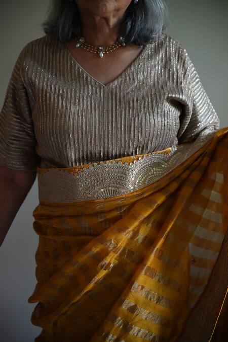 Shorshe Clothing_Beige Net Metallic Thread, Zari V-neck Jhilmil Embroidered Blouse _Online_at_Aza_Fashions