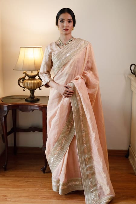 Shorshe Clothing_Pink Brocade Zari V-neck Nursat Stripe Pattern Blouse _Online_at_Aza_Fashions